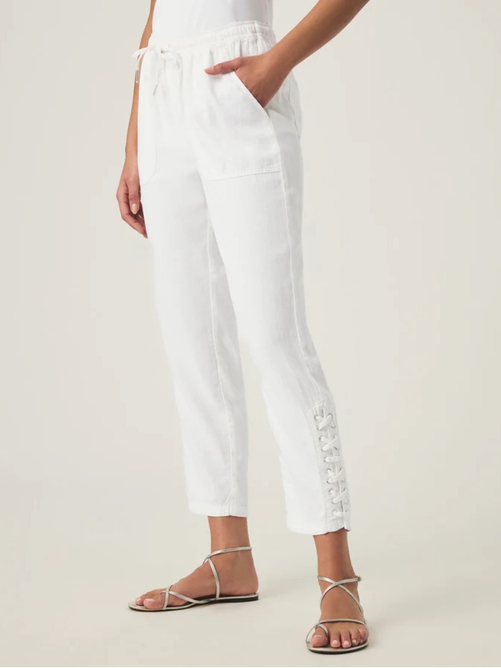 Splendid White Lace-Up Hem Cropped Drawstring Pants